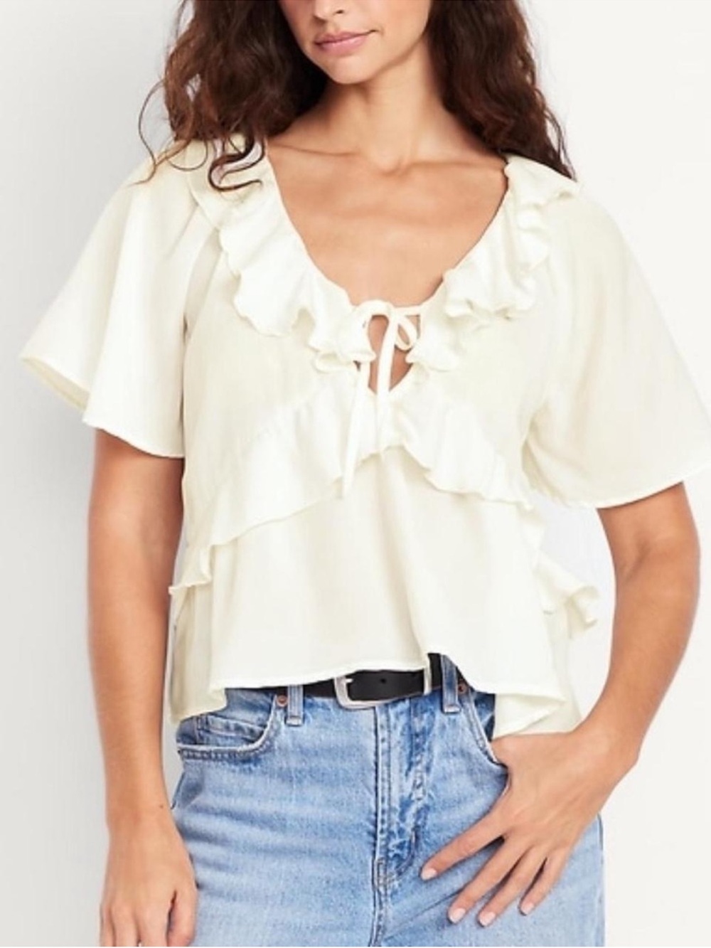 Women's White Ruffle Tie-Front Top